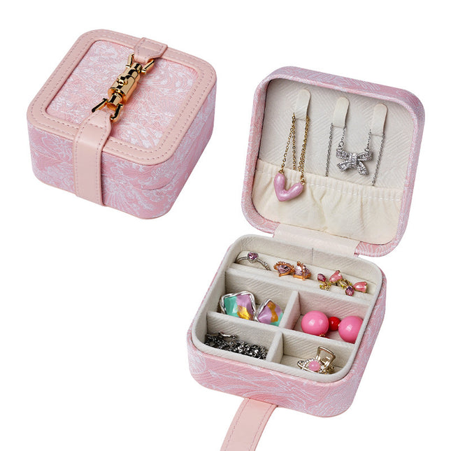 Pink Portable Vintage Embossed Jewelry Box - Flip-Top Necklace, Ring