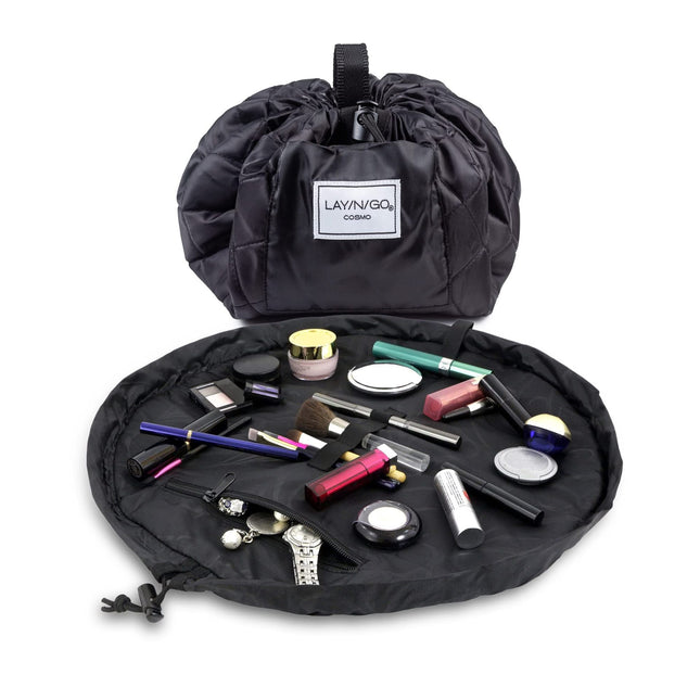 Black Portable Drawstring Cosmetic Storage Bag for Travel and Daily