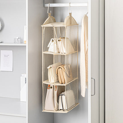 Beige Hanging Dustproof Storage Bag - Multi-Layer Organizer for Bags, Clothes & Accessories, 3-Tier Non-Woven Fabric