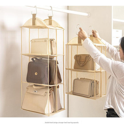 Beige Hanging Dustproof Storage Bag - Multi-Layer Organizer for Bags, Clothes & Accessories, 3-Tier Non-Woven Fabric