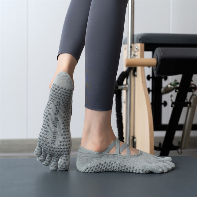 2 Pcs Grey Non-Slip Yoga Pilates Socks with Toe (Slip Silicone Grip)