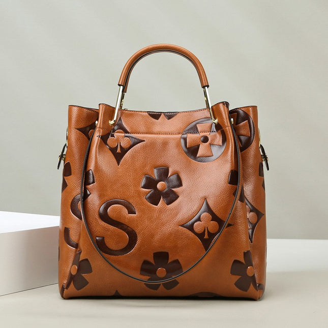 Brown Elegant Embossed PU Leather Tote Bag for Women