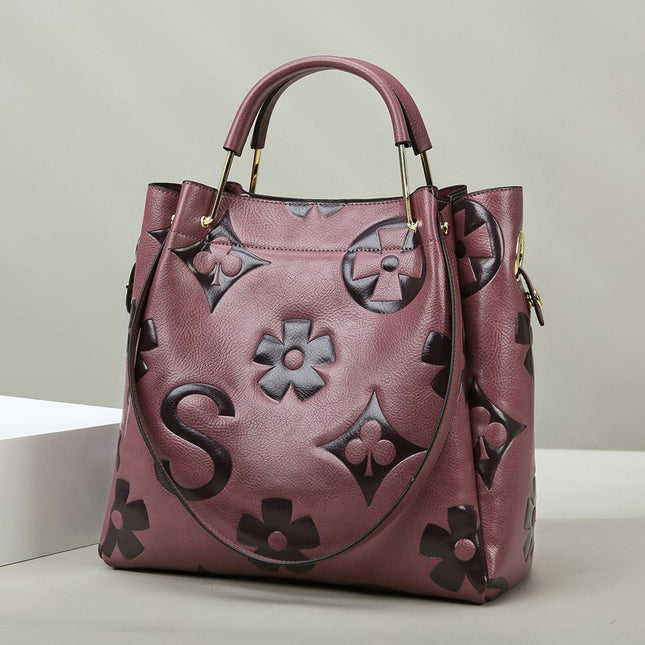 Purple Elegant Embossed PU Leather Tote Bag for Women