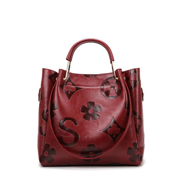 Dark Red Elegant Embossed PU Leather Tote Bag for Women
