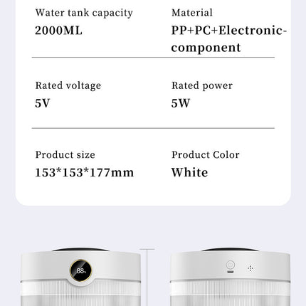 2000ML Large Capacity Humidifier with LED Display - Silent Cool Mist Air Humidifier for Home and Office