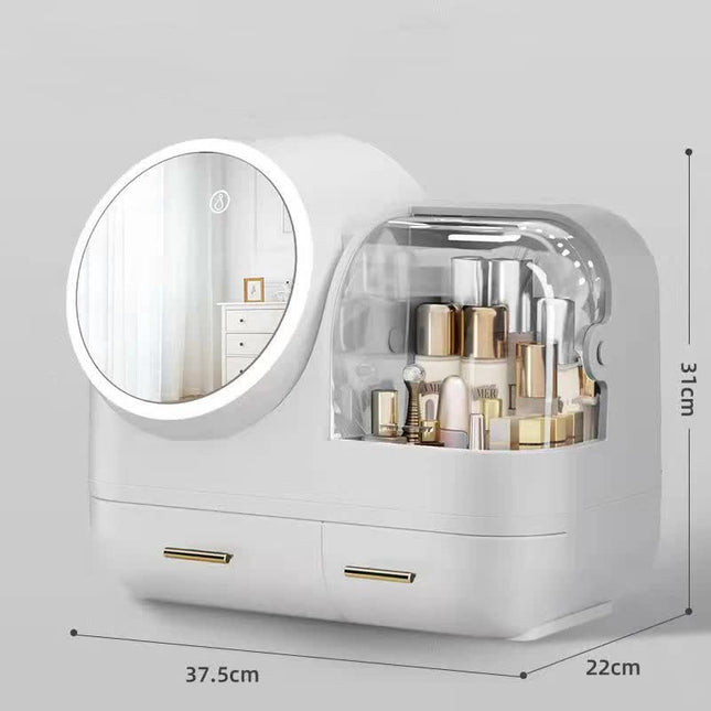 Ivory White LED Vanity Makeup Organizer with Partition Storage and Touch-Control Mirror