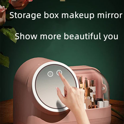 Pink LED Vanity Makeup Organizer with Partition Storage and Touch-Control Mirror - Large Capacity Cosmetic Box