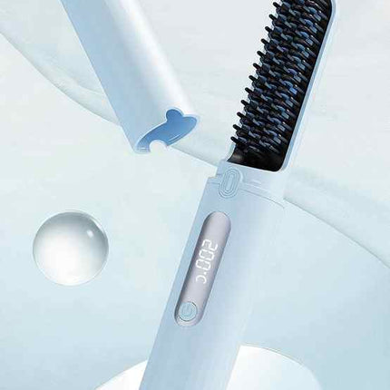 Cordless Hair Straightener Brush with Adjustable Temperature - Blue