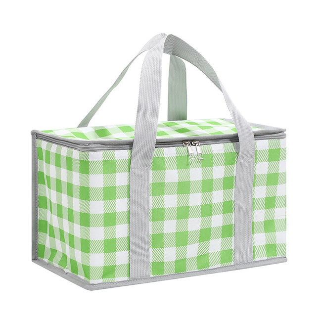 2PCS Green Insulated Picnic Lunch Bag with Checkered Design Thermal Storage for Hot and Cold Items