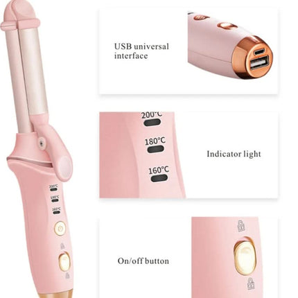 Pink Mini Cordless Hair Curler with Adjustable Heat Settings and USB Charging