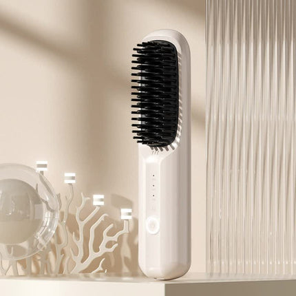 Beige Rechargeable Wireless Hair Straightening Brush - Sleek and Portable Styling Tool