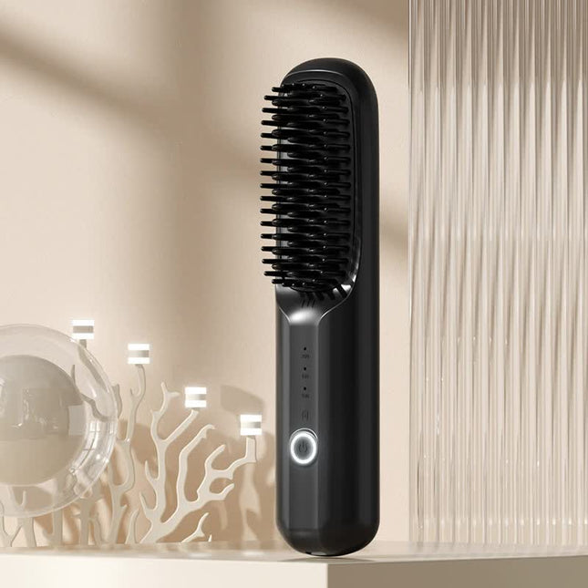 Black Rechargeable Wireless Hair Straightening Brush