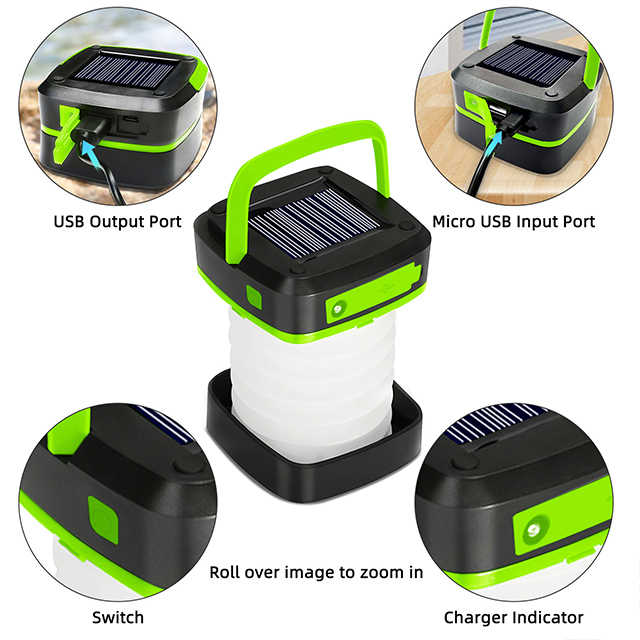 Green Collapsible Portable Solar LED Camping Lantern with USB Charging – product detail