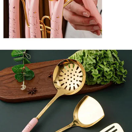 Pink Gold Stainless Steel Kitchen Utensil Set - 7-Piece Golden Cooking Tools with Stand