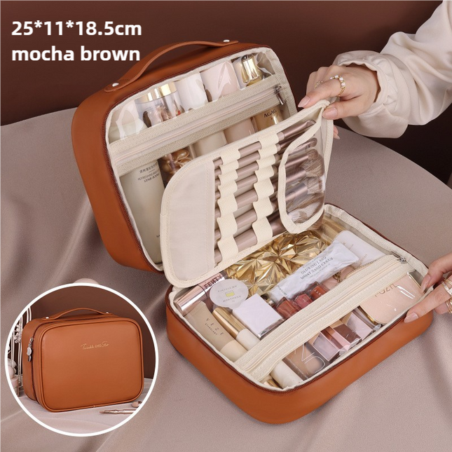 Brown Portable PU Leather Makeup Bag with Detachable Divider