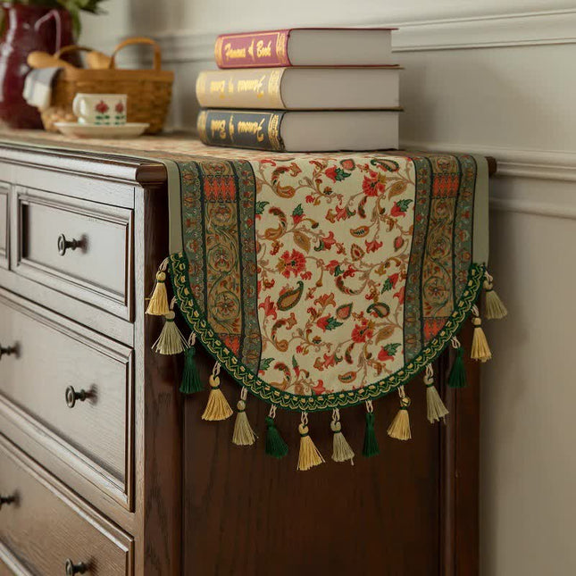 Green Vintage Bohemian Tassel Table Runner