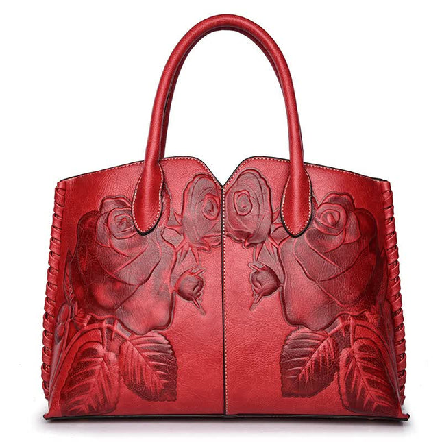 Red Elegant Embossed Rose Leather Handbag