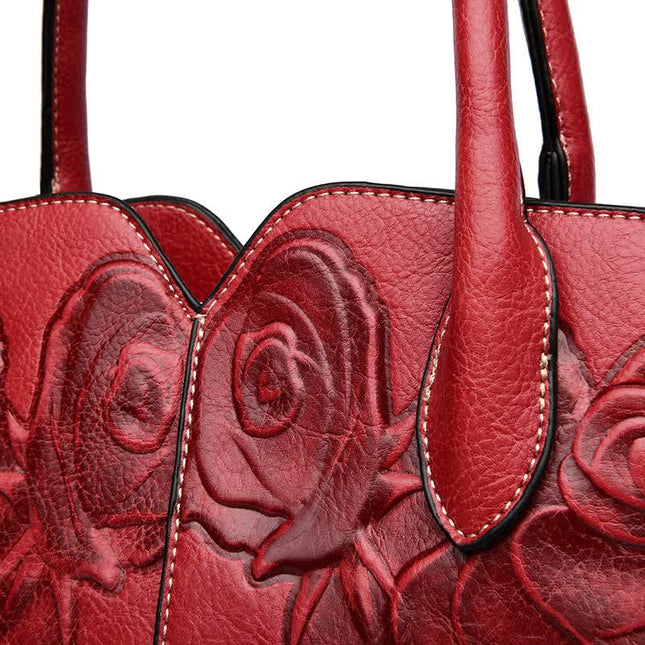 Red Elegant Embossed Rose Leather Handbag – product detail