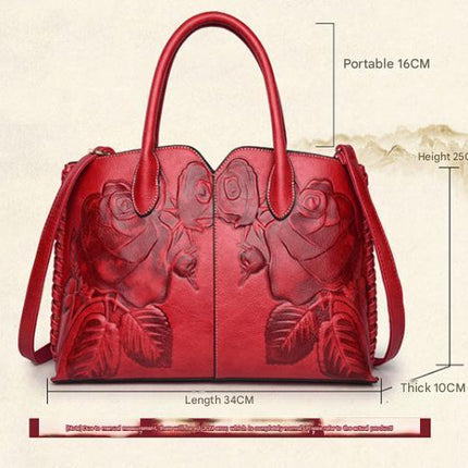 Red  Elegant Embossed Rose Leather Handbag - Vintage Style Tote Bag