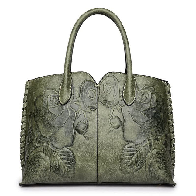 Green Elegant Embossed Rose Leather Handbag