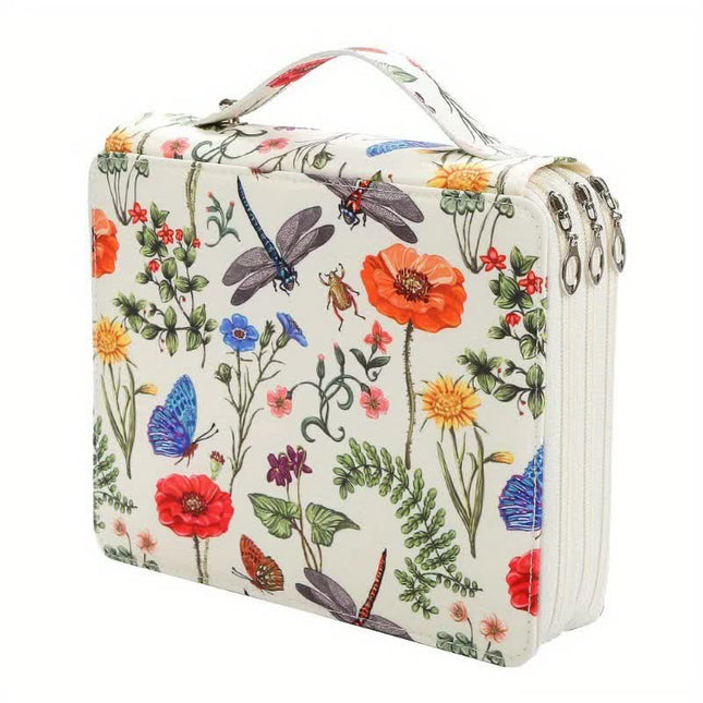 White Floral Design Portable Zippered Pencil Case