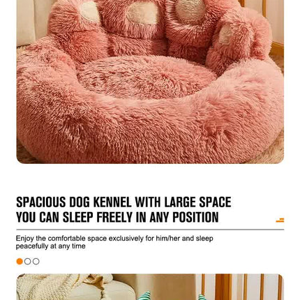 Diameter 90cm Pink Plush Dog Bed with Paw Design - Ultra Soft Round Pet Sofa for Medium to Large Dogs