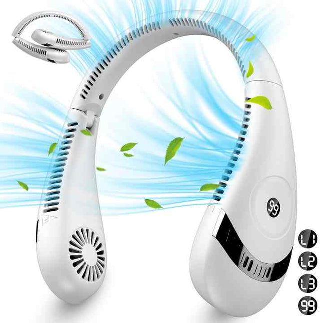 White Rechargeable 5000mAh Portable Neck Fan with 3-Speed Settings V888-ELOSUNG16421