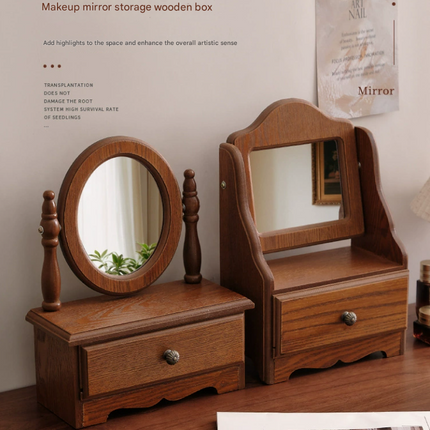 Square Wooden Tabletop Vanity Mirror with Drawer, Elegant Design