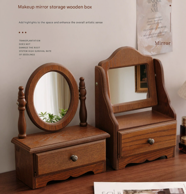 Square Wooden Tabletop Vanity Mirror with Drawer Elegant Design – product detail