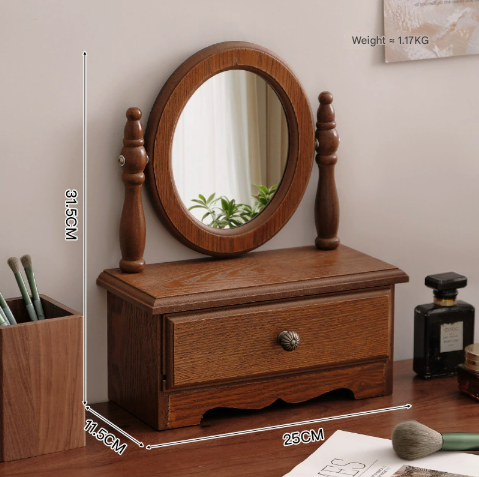 Round Mirror with Drawer Orbicular Wooden Tabletop Vanity Mirror Elegant Design V888-ELOSUNG16533