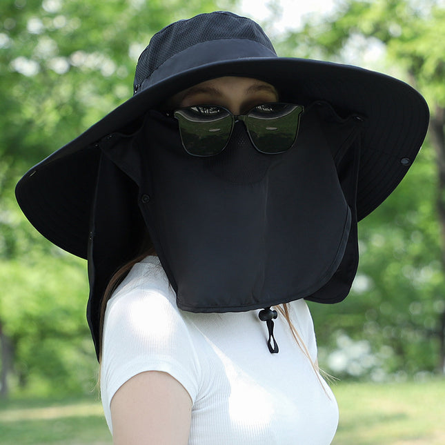 Black Wide Brim Sun Protection Hat with Face Shield