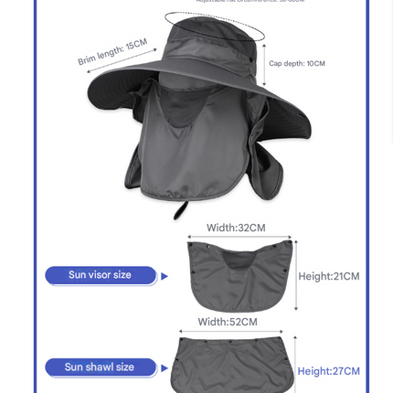 Black Wide Brim Sun Protection Hat with Face Shield - Adjustable for Ultimate UV Protection
