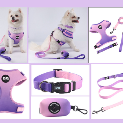 XS Purple-pink Adjustable Soft Pet Harness with Leash & Poop Bag Dispenser