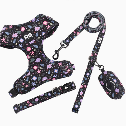 M Crushed Black Adjustable Soft Pet Harness with Leash & Poop Bag Dispenser