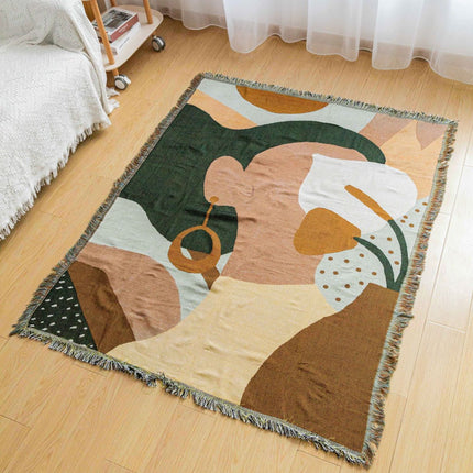 Boho Abstract Woven Blanket – 180x130cm Decorative Throw with Tassel Edges