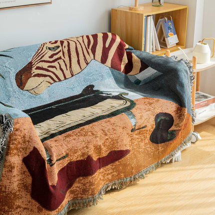 Safari-Inspired Woven Blanket - 160x130cm Artistic Tapestry Throw with Tassel Edges