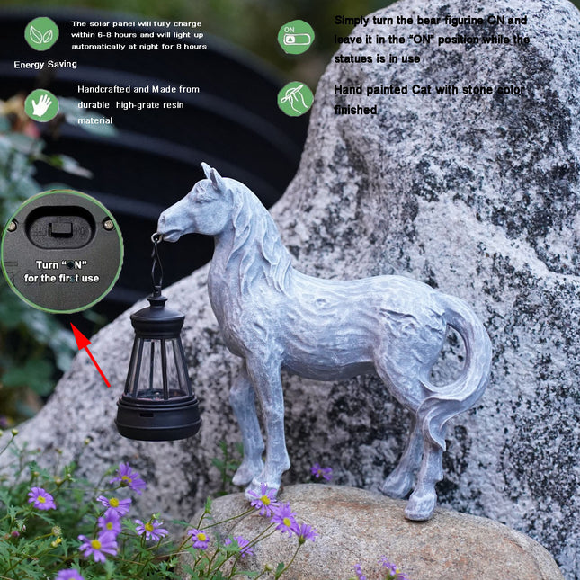 Grey Solar-Powered Horse Statue with LED Lantern Rustic Outdoor Garden Ornament – product detail