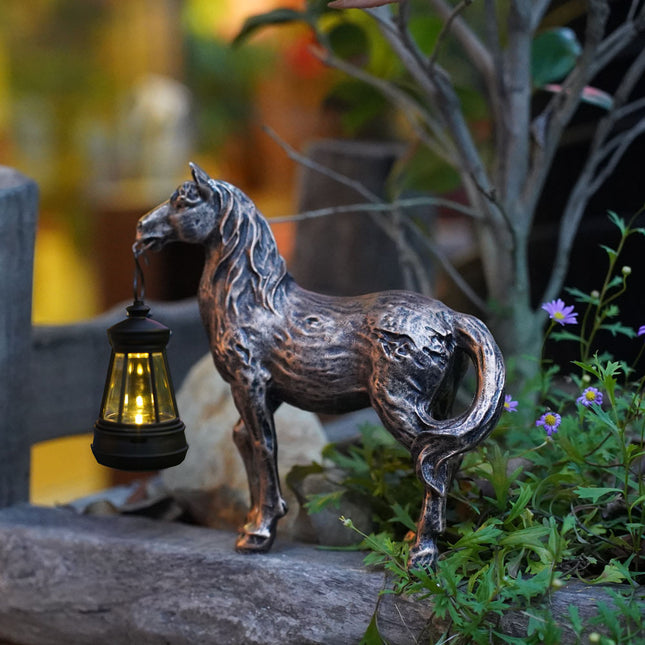 Brown Solar-Powered Horse Statue with LED Lantern