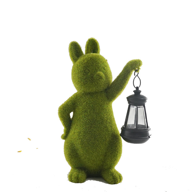 Green Solar-Powered Rabbit Statue with LED Lantern