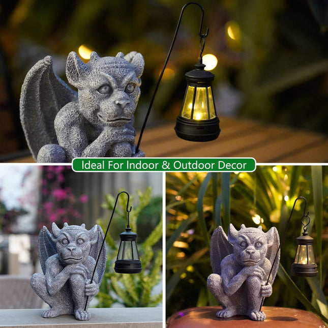 Solar-Powered Gargoyle Statue with LED Lantern Gothic Outdoor Halloween Garden Decor – product detail