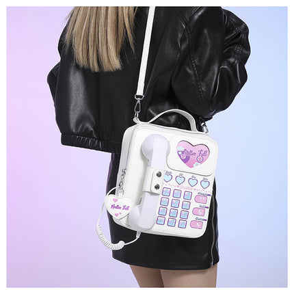 White Sweet Girl Creative Crossbody Bag with Telephone Design, PU Material, Lightweight and Unique