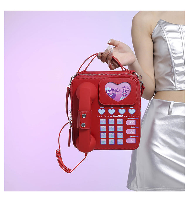 Red Sweet Girl Creative Crossbody Bag with Telephone Design
