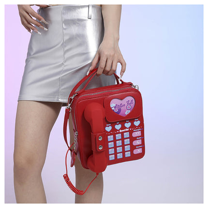 Red Sweet Girl Creative Crossbody Bag with Telephone Design, PU Material, Lightweight and Unique