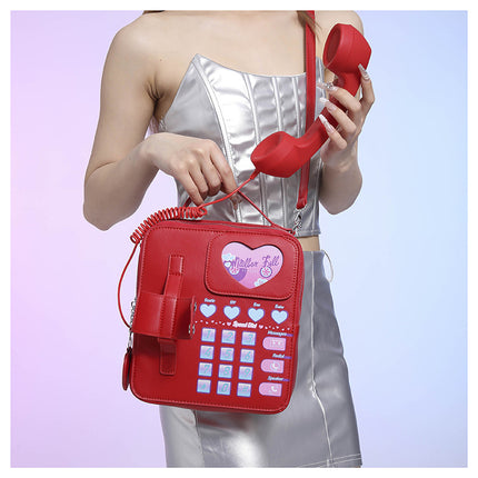 Red Sweet Girl Creative Crossbody Bag with Telephone Design, PU Material, Lightweight and Unique