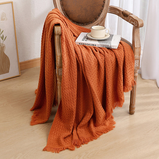 130 230CM Caramel Nordic Solid Color Knitted Sofa Throw Blanket with Tassels