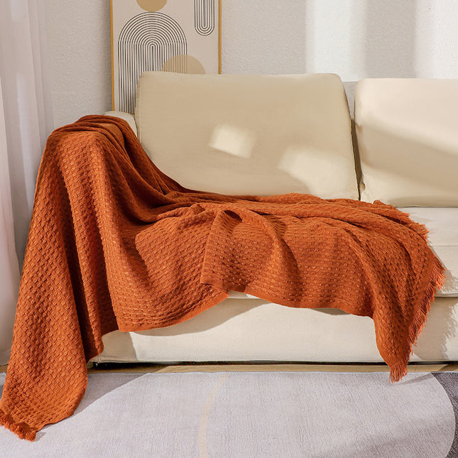 130 230CM Caramel Nordic Solid Color Knitted Sofa Throw Blanket with Tassels – product detail