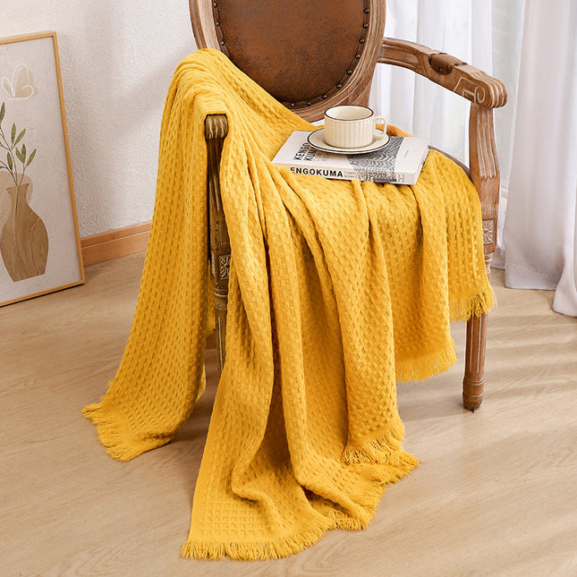 130 230CM Bright Yellow Nordic Solid Color Knitted Sofa Throw Blanket with Tassels
