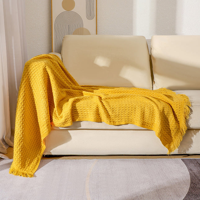 130 230CM Bright Yellow Nordic Solid Color Knitted Sofa Throw Blanket with Tassels – product detail