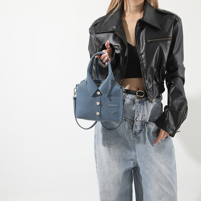 Denim Blue Trendy Shirt-Inspired PU Shoulder Bag Stylish Handbag