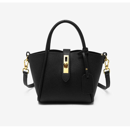 Black Genuine Leather Women's Handbag - Stylish Bucket Bag with Top Handle and Crossbody Strap